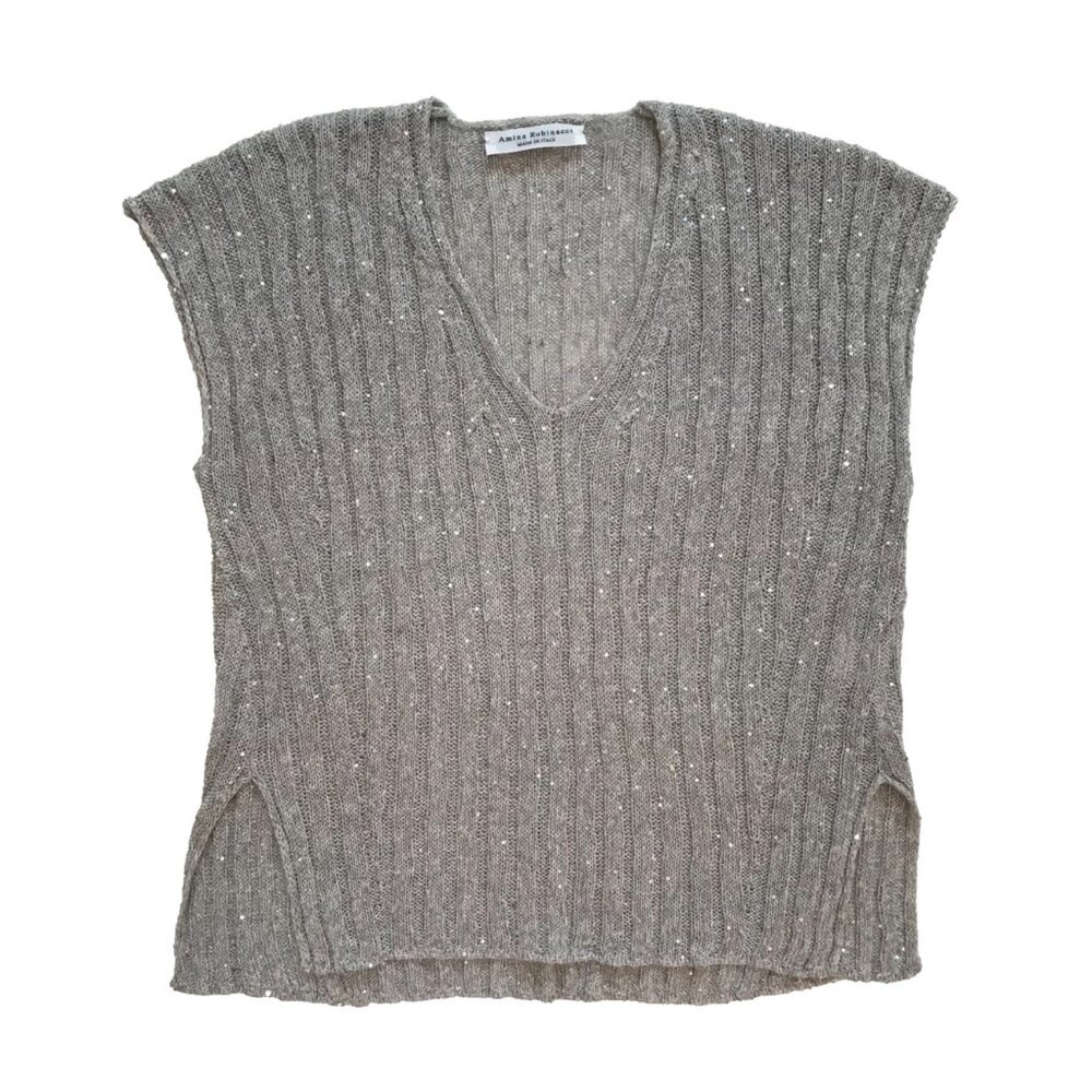 Amina Rubinacci Pullover Knit Top Sweater Womens 40 XS Gray V-Neck Sequins